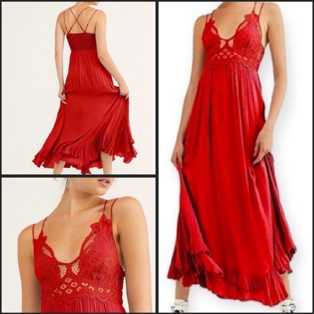 Free People Adella Maxi Slip Dress, Bright Red, NEW